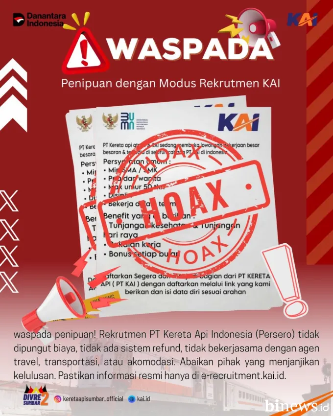 KAI Divre II Sumbar Kembali Imbau Masyarakat Waspada Penipuan Berkedok Rekrutmen