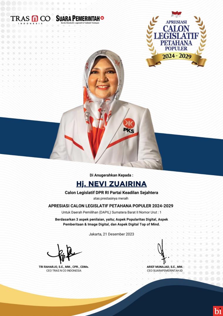 Hj. Nevi Zuairina Raih Penghargaan Calon Legislatif Populer 2024-2029