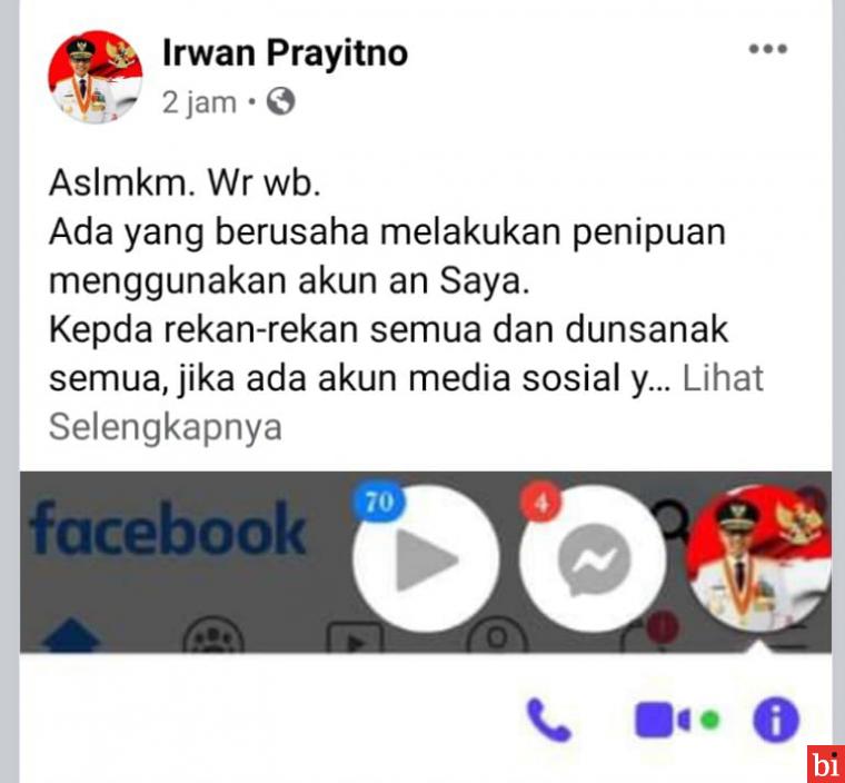 Irwan Prayitno Minta Masyarakat Hati-hati Soal Akun Facebook yang Mengatasnamakan Dirinya