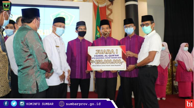 Kafilah Sumbar Terbaik MTQN XXVIII Tahun 2020 Terima Bonus Ratusan Juta