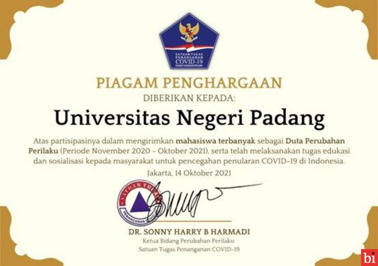 UNP Terima Penghargaan dari Satgas Covid-19 Nasional